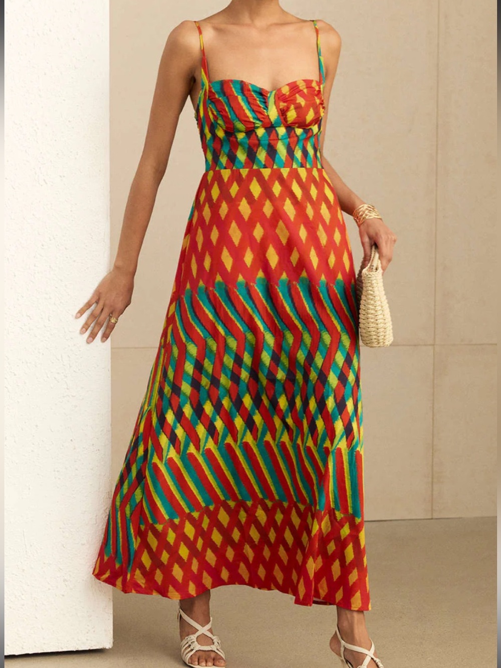 Colorful Geometric Maxi Dress with Strappy Bodice by MICAS